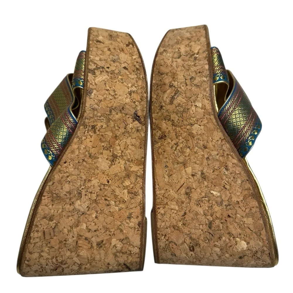 Christian Louboutin Gold and Blue Wedge Sandals, pre-owned, SZ 6.5